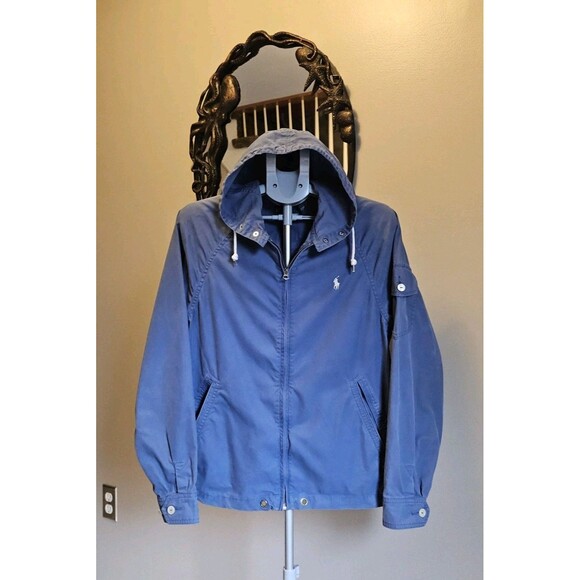 Polo Ralph Lauren Vintage 90s Hooded Full Zip Blue Windbreaker Jacket Mens M - Picture 1 of 10